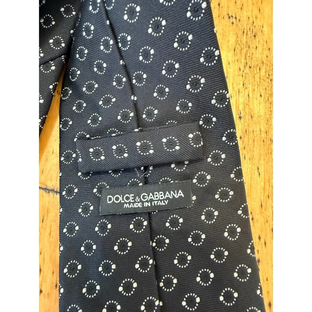 Dolce & Gabbana Silk Geometric Circle Print Black Mens Necktie Made in Italy